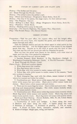 94 CYCLES OF GARDEN LIFE AND PLANT LIFE
History.-The Indian and his pony.
Art.-Road Through the Woods-Corot.
History.-The settler's sled; the settler's cart.
Song.-Driver and Boatman-Progressive Music Series, Book II.
History.-The ship of the plains, the stage coach, the first railroad train.
Song.-The Flagman-Gaynor.
Poem.-Riding on a Rail-Saxe. (Song-Progressive Music Series, Book II.)
Story.-Phaethon-Greek Myth.
History.-Sending cotton away to the mill.
Geography.-The Lincoln Highway, The Appian Way, Map study.
Play.-The Honest Penny-Fox Second Reader.
LESSON STUDIES
Preparation.-Visit the post office, the express office, and the freight office.
Find out who owns them, who handles the goods, and what kind of goods
passes through each office.
Visit the railroad station and ask the ticket agent to what points he has
sold tickets that day. Ask the freight agent to what points he has shipped
goods that day. Inquire as to the kind of goods and the kind of cars.
Ask what was the cost per pound per mile for shipping the goods.
Find out how the goods were drawn to the station, over what kind of
roads, and how they were packed for shipment.
Art.-May be ordered from any picture dealer.
1. Landais Peasant-Rosa Bonheur. 2. The Mayflower-Hallsall. 3.
Washington Crossingthe Delaware- Leutz. 4. The Old Temeraire- Turner.
5. Road Through the Woods-Corot.
Nature Study.-Wind and weather signals.
1. White flag means fair weather.
2. Blue flag means rain or snow.
3. White flag, with blue square in center, means cold wave.
4. Yellow flag, with white square in center, means to the seamen, "Look
out; a storm is coming."
5. Black triangular flag, used with the others, means warmer or colder
(above for warmer and below for colder).
7. Combinations are: Black above white means fair and warmer. Black
below white means fair and colder. Black above yellow means warm and
stormy. Black below yellow means cold and stormy.
8. There are two more flagsfor wind. Oneis white and one is red. They
are long and sharp-pointed triangles. The white means westerly winds.
The red means easterly winds.
9. Combinations are: Black above white flag means warm westerly winds.
Black flag below white means cold easterly winds. Black flag above red
means warm easterly winds. Black flag belowred means cold easterly winds.
Roads and Road Making. (Secure Bulletin, 1923, No. 38, United States
Bureau of Education, for this study.)
1. Construction of roads and bridges. 2. Trees along. the road.
3. Markers and signs along the road. 4. Lights along the road.
5. Problems of drainage. 6. Problems of grading. 7. Use of equip-
ment. 8. Kinds of roads: Brick, macadam, asphalt, and concrete.
9. Kinds of bridges: Single span, swing, and bascule.
 