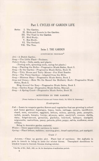 Part I. CYCLES OF GARDEN LIFE
Series I. The Garden.
11. Birds and Insects in the Garden.
111. The Toad in the Garden
IV. Bird Study.
V. Bee Study.
VI. The Orchard.
VII. The Tree.
Series I. THE GARDEN
AUDIMIUM PBWlUM '
Art.-A Dutch Garden.
Song.-The Little Plant-Podwon.
Nature Study.-Soils, d,and plank.
(Testing soils, sprouting seeds, caring for plants.)
Song.-Planting the Bulbs--Progressive Mu& Series, Book I.
Song.-In the Garden-Progressive Music Saries, Book 11.
Play.-Titty Mouse and Tatty Mouse-Fox First Reader.
Sto5-y.-The Three Gardens-Adapted from the Bible.
Song.-Mistress Mary-Progressive Music Series, Book I.
Song and Games.-Here We Go Round the D/lulbe~yBush-Prograsite Music
Series, Book I.
Ring Around the Rosy-Progressive Music Series, Book I.
Song.-Garden Song-Pr0gmmis-e M d t Sd* Manual.
Song.-A SpriBg GueetAogessive M ~ D&ries, Book II.
[From OutlInasinNatural B d e mand Natme Study, By Elliot R. Downing.]
Kindergarten
FaZ1.-Learn to recugnise garden flowers and vegetables that are growingin school
and home gardens: Asparagus, beans, beets, cabbage, carrots, cauliflower,
chard, corn, cucumber, eggplant, lettuce, onions, parsnip, peas, pumpkin,
radish, squash, tomato, turnip; alyssum, aster, candytuft,, cosmos, dahlia,
daisy, forget-me-not, geranium, gladiolus, holyhock, larkspur, marigold,
mignonette, nasturtium, pansy, petunia, phlox, poppy, mlvia, sunflower, sweet
william.
Bdng in k a t w e garden material.
Winter.-Grow paper-white h u e in wabr.
Spring.-Plant lettuee, mubhea; morning glory, dwarf nasturtium, pot - W d ,
Autumn.-Clean up garden plot. Plant bed of narcksus. Set dofodilo in
pots in trench to bring in later for winter bloom. Trmplant dandd6ow to
window boxes to furnish blooms during winter.
See Bu of Ed., Bull., 1821,no.38, for dcsaiption of auditoriumperiods.
6
 