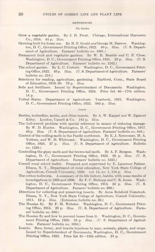 30 CYCLES OF GARDEN LIFE AND PLANT LIFE
REFERENCES
The Garden
Grow a vegetable garden. By J. H. Prost. Chicago, International Harvester
Co., 1918. 44 p. illus.
Growing fruit for home use. By H. P. Gould and George M. Darrow. Washing-
ton, D. C., Government Printing Office, 1922. 40 p. iflus. (U. S. Depart-
ment of Agriculture. Farmers' bulletin no. 1001.)
Permanent fruit and vegetable gardens. By W. R. Beattie ani c. P. Close.
Washington, D. C., Government Printing Office, 1921. 23 p. mus. (U. S.
Department of Agriculture. Farmers' bulletin no. 1242.)
The school garden. By L. C. Corbett. Washington, D. C., Government Print-
ing Office, 1922. 40p. illus, (U. S. Department of Agriculture. Farmers'
bulletin no. 218.)
Selections for reading, agriculture, gardening. Hartford, Conn., State Board
of Education, 1919-20. 79 p. ,mus.
Soils and fertilizers. Issued by Superintendent of Documents. Washington,
D. C., Government Printing Office, 1924. Price list 46-17th edition.
14 p.
United States. Department of Agriculture. Yearbook, 1921. Washington,
D. C., Government Printing Office, 1922. 885 p. illus.
Insects
Beetles, butterflies, moths, and other insects. By A. W. Kappel and W. Egmont
Kirby. London, Cassell & Co. 182 p. Illus,
The boll-weevil problem with special reference to means of reducing damage.
By W. D. Hunter. Washington, D. C., Government Printing Office, 1917.
40 p. illus. (U. S. Department of Agriculture.: Farmers' bulletin no. 848.)
Control of the codling moth in the Pacific northwest. By E. J. Newcomer, M. A.
Yothers, and W. D. Whitcomb. Washington, D. C., Government Printing
Office, 1924. 27 p. illus. (U. S. Department of Agriculture. Bulletin
no. 1326.)
Controlling the gipsy moth and the brown-tail moth. By A. F. Burgess. Wash-
ington, D. C., Government Printing Office, 1923. 28. p. illus, (U. S,
Department of Agriculture. Farmers' bulletin no. 1335.)
Cornell rural school leaflet. Prepared and supervised by E. Laurence Palmer.
Ithaca, N. Y., Department of rural education, New York State College of
Agriculture, Cornell University, 1920. vol. 14, no. 1, 118 p. illus,
The cotton bollworm. A summary of its life history, habits, with some results of
investigations in 1905 and 1906. By F. C. Bishopp and C. R. Jones. Wash-
ington, D. C., Government Printing Office, 1915. 32 p. illus. (U. S.
Department of Agriculture. Farmers' bulletin no. 290.)
Directions for collecting and preserving insects. By Anna Botsford Comstock.
Ithaca, N. Y., New York State College of Agriculture, Cornell University,
1914. 12 p. illus, (Extension bulletin no. 59.)
The Hessian fly. By F. M. Webster. Washington, D. C., Government Print-
ing Office, 1915. 20 p. illus, (U. S. Department of Agriculture. Farm-
ers' bulletin no. 640.)
The Hessian fly and how to prevent losses from it. 'Washington, D. C., Govern-
ment Printing Office, 1920. 16 p. illus. (U. S. Department of Agricul-
ture. Farmers' bulletin no. 1083.)
Insects. Bees, honey, and insects injurious, to man, animals, plants, and crops.
Issued by Superintendent of Documents, Washington, D. C., Government
Printing Office, 1923. Price list 41-13th edition. 24 p.
 