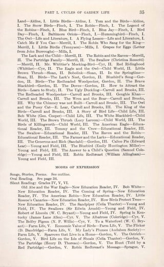 PART' 1. CYCLES OF GARDEN LIFE 35
Land-Aldine, I. Little Birdie-Aldine, I. Tom and the Birds-Aldine,
I. The Snow Birds-Finch, I. The Robin-Finch, I. The Legend of
the Robins-Finch, I. Blue Bird-Finch, I. Blue Jay-Finch, I. Bird
Day-Finch, I. Baltimore Oriole-Finch, I.-Hummingbird-Finch, I.
The Owl-Life and Literature, I. A Flying Lesson-Life and Literature, I.
Catch Me if You Can-Merrill, I. The Robin Who Sang for the King-
Merrill, I. Little Birdie (Tennyson)-Mills, I. Grapes for Eggs (Letter
from John Burroughs)-Mills, I.
The Lark and the Child-Merrill, II. The Robinand the Raven-Merrill,
II. The Partridge Family-Merrill, II. The Swallow(Christina Rossetti)
-Merrill, II. Mr. Whittier's Mocking-Bird-Cyr, II. Red Ridinghood
(Whittier)-Cyr, II. The Eagle and the Owl-Child World, II. Little
Brown Thrush-Sloan, II. Bobolink-Sloan, II. In the Springtime-
Sloan, II. Birds-The Lark's Nest, Gordon, II. Bluebird's Song-Gor-
don, II. Birds-The Redheaded Woodpecker, Gordon, II. The Brave
Blackbird-Gordon, II. The Doves-Gordon, II. How to Attract the
Birds-Learn to Study, II. The Ugly Duckling-Carroll and Brooks, III.
The Redheaded Woodpecker-Carroll and Brooks, III. Genghis Khan-
Carroll and Brooks, III. The Wren and the Bear-Carroll and Brooks,
III. Why the Chimneywas not Built-Carroll and Brooke,III. The Owl
and the Pussy Cat-E. Lear, Carroll and Brooks, III. The King of the
Birds-Carroll and Brooks, III. A Story of Bird Life-Child Life, III.
Bob White (Geo. Cooper)-Child Life, III. The White Blackbird-Child
World, III. The Brown Thrush (Lucy Larcom)-Child World, III. The
Birds of Killingworth-Child World, III. The American Eagle-Educa-
tional Reader, III. Tommy and the Crow-Educational Reader, III.
The Swallow-Educational Reader, III. The Raven and the Robin-
Educational Reader, III. The Farmer and the Larks-Educational Reader,
III. The Generousand Rich (Sandahl)-Gordon, III. CalicoPie (Edward
Lear)- Young and Field, III. The Bluebird (Emily Huntington Miller)-
Young and Field, III. The Answer to a Child's Question (Samuel Cole-
ridge)- Young a:nd Field, III. Robin Redbreast (William Allingham)-
Young and Field, III.
MODES OF EXPRESSION
Songs,Stories, Poems. Seeoutline.
Oral Reading. Seepage 34.
Silent Reading: Grades IV, V, VI.
Old Abe and the War Eagle-New Education Reader, IV. Bob White-
New Education Reader, IV. The Coming of Spring-New Education
Reader, IV. The American Robin-New Education Reader, IV. Little
Roscoe'sCanaries-New Education Reader,IV. HowBirds Protect Trees-
New Education Reader, IV. The Sandpiper (Celia Thaxter)-Young and
Field, IV. The Swallows (Sir Edwin Arnold)-Young and Field, IV.
Robert of Lincoln (W. C. Bryant)- Young and Field, IV. Spring in Ken-
tucky (James Lane Allen)-Cyr. V. The Albatross (Coleridge)-Cyr, V.
The Belfry Pigeon (N. P. Willis)-Cyr, V. To a Waterfowl (W. C. Bry-
ant)-Farm Life,V. EconomicValueof Birds-Farm Life,V. The Flicker
(D. Dandridge)-Farm Life, V. My Lady's Plumes (Audubon Society)-
Farm Life, V. Sparrowsthat Live in a Home-Gordon, V. The Ostrich-
Gordon, V.. Bird Life on the Isle of Shoals (Celia Thaxter)-Gordon, V.
The Partridge (Henry D. Thoreau)-Gordon, V. The Hunt (Told by a
Red Partridge)-Gordon, V. Robin Redbreast's Message-Sprague, V.
 