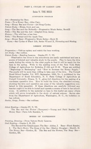 PART 1. CYCLES OF GARDEN LIFE 37
Series V. THE BEES
A UDITORIUM PROGRAM
Art.-Swarming the Bees.
Poem.-To a Honey Bee-Alice Cary.
Song.-Honey Bee and Clover-Art Song Cycles.
Nature Study.-Home, food, and use.
Song.-The Bee and the Butterfly-Progressive Music Series, BookII.
Fable.-The Bee and the Ant-Adapted from Aesop.
History.-The wild bee, a bee tree.
Fable.-The Farmer and the Apple Tree.
Song.-Honey Bees-Progressive Music Series-Book II.
NoTE.-See Cycles of Plant Life, Series VI and X, Flowering and Storing.
LESSON STUDIES
Preparation.-Visit an apiary and watch the bees working.
Art Study.-See outline.
Nature Study.-Reading Lessons. Grades IV, V, VI.
Observation bee hives in the schoolroomare easily maintained and are a
source of interest and valuable study to the pupils. Plan to have the hive
made during the winter by the older pupils so that it will be ready for the
bees in the spring. Write to the mailing room of the New York State
College of Agriculture for Bulletins F-138 and E-16. These are entitled
"Beginnings in Beekeeping" and "How to Increase the Honey Supply."
The pupils will be more than willing to take care of the hive. The Cornell
Rural School Leaflet, Vol. XIV, September, 1920, No.1, published by the
Department of Rural Education, N. Y. State College of Agriculture at
Cornell University, Ithaca, N. Y., gives full directions for the making of a
one-frame operation hive. How to build the hives, the shredded runway,
stocking the hive and operation are some of the valuable suggestions con-
tained in this pamphlet. If these directions are carefully followed any
teacher ought to be able to install and operate a swarm of bees in her school-
room. In addition to the material on bees in this leaflet are many others
which will prove invaluable in the study of natural science. Secure also
from the Department of Agriculture, Washington, D. C., its bulletins on
bee culture.
Stories, Songs, Poems.-See outlines.
Silent Reading.-Grades IV, V, VI.
The Bee and the Flower (Tennyson)- Young and Field Reader, IV.
Honey Bees-Farm Life Readers, V.
MODES OF EXPRESSION
Painting, Drawing.-From Nature Study Lessons.
Oral Reading.-Grades I, II, III.
The Bee and the Grasshopper; The Bee-Aldine, I. Bees-Finch Reader,
I. The Bee's Story; The Song of the Bee (Marion Douglas)-Merrill, II.
The Honey Bee-Gordon, II. The Bee and the Flower; The Busy Bee-
Gordon, III.
 