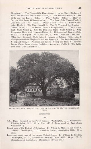 PART II. CYCLES IN PLANT LIFE, 41
Literature, 1. The Pine and the Flax-Jones, 1. Arbor Day-Blodgett, 1.
The Trees and the Axe-Classic Fables, 1. The Leaves-Aldine, 1. The
Birds and the Leaves-Aldine, 1. Pussy Willow-Aldine, 1. How we
Got our First Pussy Willows-Aldine, 1. The Race of the Trees-Finch, 1.
Grandpa's Elm Tree-Finch, 1. Pussy Willow-e-Fineh, 1. Horse Chest-
nuts-Finch, 1. The Tree-Merrill, 1. The Fir Tree and the Bramble-
Classic Fables, 1. The Leaves Have a Party-Sloan, 2. The Anxious
Leaf-Child World, 2. Why the Pine Tree Sighs-Child World, 2. Why
Evergreens Keep their Leaves-Holton, 2. Philemon and Baucis-Child
Life, 3. The Poplar Tree-Child Life, 3. Who Loves the Trees Best?
(Alice May Douglas)-Child Life, 3. Leaves in Autumn-Child Life, 3.
The Spruce and the Maple-Carroll and Brooks,3. The Tree (Bjornsenj-c-
Young and Field, 3. Philemon and Baucis- Young and Field, 3. How the
Leaves Came Down (Susan Coolidge)- Young and Field, 3. The Little
Pine Tree-New Education, 3.
THE OLDEST AND LARGEST ELM TREE IN THE UNITED STATES-KINGSPORT,
TENN.
REFERENCES
Trees
Arbor Day. Prepared by the Forest Service. Washington, D. C., Government
Printing Office, 1922. 15 p. illus. (U. S. Department of Agriculture.
Circular 265.)
Forest trees of the District of Columbia. By Wilbur R. Mattoon and Susan S.
Albertis. Washington, D. C., American Forestry Association, 1923. 64 p.
illus.
Important forest trees of the eastern United States. By William B. Greeley.
Washington, D. C., Government Printing Office, 1922. 11 p. (U. S.
Department of Agriculture. Department circular 223.)
 
