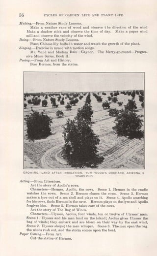 56 CYCLES OF GARDEN LIFE AND PLANT LIFE
Making.-From Nature Study Lessons.
Make a weather vane of wood and observe t he direction of the wind
Make a shadow stick and observe the time of day. Make..a paper wind
mill and observe the velocity of the wind.
Doing.-From Nature Study Lessons.
Plant Chinese lily bulbs in water and watch the growth of the plant.
Singing.-Exercise in music with motion songs.
Mr. Wind and Madam Rain-Gaynor. The Merry-go-round-Progres-
sive Music Series, Book II.
Posing.-From Art and History.
Pose Hermes, from the statue.
GROWING-LAND AFTER IRRIGATION, YUM WOOD'S ORCHARD, ARIZONA, 6
YEARS OLD
Acting.-From Literature.
Act the story of Apollo's cows.
Characters-Hermes, Apollo, the cows. Scene 1. Hermes in the cradle
watches the cows. Scene 2. Hermes chases the cows. Scene 3. Hermes
makes a lyre out of a sea shell and plays on it. Scene 4. Apollo searching
for his cows, finds Hermes in the cave. Hermes plays on the lyre and Apollo
forgives him. Scene 5. Hermes takes care of the cows.
Act the story of The Bag of Winds.
Characters-Ulysses, Aeolus, four winds, ten or twelve of Ulysses' men.
Scene 1. Ulysses and his men land on the island; Aeolus gives Ulysses the
bag of winds; they embark and are blown on their way by the east wind,
Scene 2. Ulysses sleeps; the men whisper. Scene 3. The men open the bag
the winds rush out, and the storm comes upon the boat.
Paper Cutting.-From Art.
Cut the statue of Hermes.
 