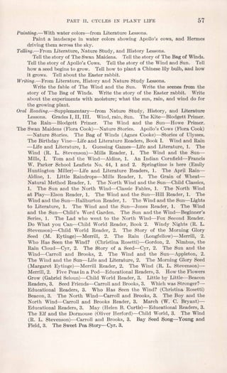 PART II. CYCLES IN PLANT LIFE 57
Painting.-With water colors-from Literature Lessons.
Paint a landscape in water colors showing Apollo's cows, and Hermes
driving them across the sky.
Telting.-From Literature, Nature Study, and History Lessons.
Tell the story of The Swan Maidens. Tell the story of The Bag of Winds.
Tell the story of Apollo'sCows. Tell the story of the Wind and Sun. Tell
how a seed beginsto grow. Tell how to plant a Chineselily bulb, and how
it grows. Tell about the Easter rabbit.
Writing.-From Literature, History and Nature Study Lessons.
Write the fable of The Wind and the Sun. Write the scenes from the
story of The Bag of Winds. Write the story of the Easter rabbit. Write
about the experiments with moisture; what the sun, rain, and wind do for
the growingplant.
Oral Reading.-Supplementary-from Nature Study, History, and Literature
Lessons. Grades I, II, III. Wind,rain, Sun. The Kite-Blodgett Primer.
The Rain-Blodgett Primer. The Wind and the Sun-Howe Primer.
The Swan Maidens (Flora Cook)-Nature Stories. Apollo's Cows (Flora Cook)
-Nature Stories. The Bag of Winds (Agnes Cooke)-Stories of Ulysses.
The Birthday Vine-Life and Literature Readers, Book I. Wind and Rain
-Life and Literature, 1. Guessing Games-Life and Literature, 1. The
Wind (R. L. Stevenson)-Mills Reader, 1. The Wind and the Sun-
Mills, I. Tom and' the Wind-Aldine, 1. An Indian Cornfield-Francis
W. Parker School Leaflets No. 44, 1 and 2. Springtime is here (Emily
Huntington Miller)-Life and Literature Readers, 1. The April Rain-
Aldine, 1. Little Raindrops-Mills Reader, 1. The Grain of Wheat-
Natural Method Reader, 1. The North Wind and the Sun-Child Classics,
1. The Sun and the North Wind-Classic Fables, 1. The North Wind
at Play-Elson Reader, 1. The Wind and the Sun-Hill Reader, 1. The
Wind and the Sun-Haliburton Reader, 1. The Windand the Sun-Lights
to Literature, 1. The Wind and the Sun-Jones Reader, 1. The Wind
and the Sun-Child's Word Garden. The Sun and the Wind-Beginner's
Series, 1. The Lad who went to the North Wind-Fox Second Reader.
Do What you Can-Child World Reader, Book 2. Windy Nights (R. L.
Stevenson)-Child World Reader, 2. The Story of the Morning Glory
Seed (M. Eytinge)-Merrill, 2. The Rain (Longfellow)-Merrill, 2.
Who Has Seen the Wind? (Christina Rosetti)-Gordon, 2. Nimbus, the
Rain Cloud-Cyr, 2. The Story of a Seed-Cyr, 2. The Sun and the
Wind-Carroll and Brooks, 2. The Wind and the Sun-Appleton, 2.
The Wind and the Sun-Life and Literature, 2. The Morning Glory Seed
(Margaret Eytinge)-Merrill Reader, 2. The Wind (R. L. Stevenson)-
Merrill,2. Five Peas in a Pod-Educational Readers, 3. How the Flowers
Grow (Gabriel Seloun)-Child World Reader, 3. Little by Little-Beacon
Readers, 3. Seed Friends-Carroll and Brooks,3. Whichwas Stronger?-
Educational Readers, 3. Who Has Seen the Wind? (Christina Rosetti)
Beacon,3. The North Wind-Carroll and Brooks, 3. The Boy and the
North Wind-Carroll and Brooks Reader, 3. March (W. C. Bryant)-
Educational Readers, 3. May (Helen B. Curtis)-Educational Readers, 3.
The Elf and the Dormouse (Oliver Herford)-Child World, 3. The Wind
(R. L. Stevenson)-Carroll and Brooks, 3. Bay Seed Song-Young and
Field, 3. The Sweet Pea Story-Cyr. 3.
 