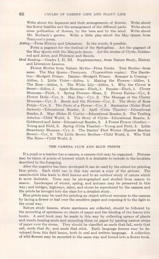 68 CYCLES OF GARDEN LIFE AND PLANT LIFE
Write about the Japanese and their arrangements of flowers. Write about
the flowerfamiliesand the arrangement of the different parts. Write about
cross pollination of flowers, by the bees and by the wind. Write about
Mr. Burbank's garden. Write a little play about the May Queen from
Tennyson's poem.
Acting.-From History and Literature. In the woods, if possible.
Form a pageant for the festival of the Springtime. Act the pageant of
the May Queenwith the Maypole dance. Act the stories of Clytie, Golden-
rod and Aster, and Philemon and Baucis.
Oral Reading.-Grades I, II, III. Supplementary, from Nature Study, History
and Literature Lessons.
Flower Stories from Nature Myths-Flora Cooke. Tree Stories-from
same. The May Queen-Tennyson. (Typewritten copies.) The Dande-
lion-Blodgett Primer. Daisies-Blodgett Primer. Summer is Coming-
Aldine, 1. Little Violet-Aldine, 1. Making the Flowers-Aldine, 1.
The Rose--Aldine, 1. The White Lily-Aldine, 1. Why the Clover is
Sweet-AIdine,1. Apple Blossoms-Finch, 1. Pansies-Finch,1. Clover
Blossoms-Finch, 1. Spring Flowers-Sloan, 2. Flower Fairies-Cyr, 2.
Flower Dolls-Cyr, 2. May Day-Cyr, 2. The Message of the Cherry
Blossoms-Cyr, 2. Bessie and the Flowers-Cyr, 2. The Story of Rose
Petals-Cyr, 2. The Parts of a Flower-Cyr, 2. September (Helen Hunt
Jackson)-Educational Reader, 3. April (Celia Thaxter)-Educational
Reader,3. May (Helen H. Curtis)-Educational Reader, 3. The Trailing
Arbutus-Child World, 3. The Story of Clytie-Educational Reader, 3.
Goldenrodand Aster-Educational Reader, 3. A Forest Flower (Goethe)-
Young and Field, 3. Spring (Celia Thaxter)-Young and Field, 3. Little
Strawberry Blossom-Cyr, 3. The Daisies' First Winter (Harriet Beecher
Stowe)-Cyr, 3. The Little Brown Brother-Child World, 3. Who Told
The News-Child World, 3.
THE CAMERA CLUB AND BLUE PRINTS
If a pupil or a teacher has a camera, a camera club may be organized. Pictures
may be taken of points of interest which it is desirable to include in the booklets
described in the foregoing.
After the negative has been developedit can be used by the schoolfor printing
blue prints. Each child can in this way secure a copy of the picture. The
camera-club idea leads to field lessons and to an outdoor study of nature which
is most desirable. Trees may be photographed and studied from season to
season. Landscapes of winter, spring, and autumn may be preserved in this
way; and bridges, highways, lakes, and rivers be reproduced by the camera and
the prints be brought into the class for a detailed study.
Blue prints may be used for printing an object without recourse to the camera
by laying a flower or leaf over the sensitive paper and exposingit to the light in
the usual way.
Nature study lessons, where specimens are collected, should be followed by
the mounting of specimenson sheets of paper and the binding of the leaves into
books. A seed book may be made in this way by collecting sprays of plants
and weeds bearing seeds and mounting them on paper by pasting narrow strips
of paper over the stems. They should be classifiedas seeds that fall, seeds that
sail, seeds that fly, and seeds that stick. Early language lessons may be de-
veloped from this field lesson, both in oral and written language. A collection
of wild flowersmay be mounted in the same way and bound into a flowerbook.
 
