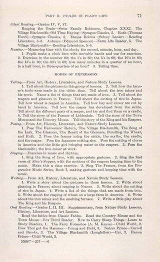 PART II. CYCLES IN PLANT LIFE 71
Silent Reading.-Grades IV, V, VI.
Reaping the Grain-Swiss Family Robinson, Chapter XXXI. The
VillageBlacksmith; Old Time Haying-Sprague Classics,5. Ruth (Thomas
Hood)-Sprague Classics, 5. Tampa Robins (Sidney Lanier)-Reading
Literature, 5-6. Autumn (Edmund Spencer)-Farm Life Reader, 5. The
VillageBlacksmith-Reading Literature, 5-6.
Number.-Measuring time with the clock; the second, minute, hour, and day.
1. Pupils make a clock face with movable hands and use for exercises.
2. Exercisesin the number 60; the l's in 60; the 5's in 60; the 10's in 60;
the 15's in 60; the 30's in 60; how many minutes in a quarter of an hour,
in a half hour, in three-quarters of an hour? 3. Telling time.
MODES OF EXPRESSION
Telling.-From Art, History, Literature, and Nature Study Lessons.
1. Tell about the pictures in this group of lessons. 2. Tell how the farm-
er's tools were made in the olden time. Tell about the iron miner and
his work. Name a list of things that are made of iron. 3. Tell about the
reapers and gleaners in France. Tell about the cutting of rice in Japan.
Tell how wheat is reaped in America. Tell how hay and clover are cut by
hand in America. Tell how the reaper has developed from the sickle.
Tell about the different parts of a reaper, and try and find them on a cradle.
4. Tell the story of the Farmer of Liddesdale. Tell the story of the Town
Mouseand the Country Mouse. Tell the story of the King and his Reapers.
Posing.-From Art, History, Literature, and Nature Study Lessons.
1. Pose The Harvesters' Return, The Village Blacksmith, The Song of
the Lark, The Gleaners, The Recall of the Gleaners, Bundling the Wheat,
and Ruth. 2. Pose the farmer using the sickle, the scythe, the cradle,
and the reaper. Pose the Japanese cutting rice. Pose the cutting of clover
in America and the little girl bringing water to the reapers. 3. Pose the
blacksmith; the iron miner at work.
Singing.-Exercises in music and rhythm.
1. Sing the Song of Iron, with appropriate gestures. 2. Sing the first
verse of Alice's Supper, with the motions of the reapers keeping time to the
music. Make this a class exercise. 3. Sing The Farmer, from the Pro-
gressive Music Series, Book I, making gestures and keeping time with the
music.
Writing.-From Art, History, Literature, and Nature Study Lessons.
1. Write a story about the pictures in these lessons. 2. Write about
gleaning in France; about reaping in France. 3. Write about the cutting
of rice in Japan. 4. Write a list of the things that are made from iron.
5. Write about the reaping of wheat on a large farm in America. 6. Write
about the iron miner and the smelting furnace. 7. Write a little play about
The King and his Reapers.
Oral Reading.-Grades I, II, III. Supplementary, from Nature Study Lessons,
History, Literature, and Art Lessons.
Read the fables from Classic Fables. Read the Country Mouse and the
Town Mouse-Fox Third Reader. How to Carry Sharp Things-Learn to
Study Readers, 1. The Fairy Horseshoe (A. M. Keyes)-Child World, 2.
How Thor got the Hammer-Young and Field, 3. Nahun Prince-vCarroll
and Brooks, 3. The Village Blacksmith (Longfellow)-Cyr, 2. Hanun
Prince-s-ChildWorld, 3.
55997°-25t----6
 