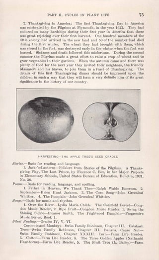 PART II. CYCLES IN PLANT LIFE 75
2. Thanksgiving in America: The first Thanksgiving Day in America
was celebrated by the Pilgrims at Plymouth, in the year 1622. They had
endured so many hardships during their first year in America that there
was great rejoicing over their first harvest. One hundred members of the
little colony had arrived in the new land and 50 of the number had died
during the first winter. The wheat they had brought with them, which
was stored in the fort, was destroyed early in the winter when the fort was
burned. Sickness and death followed this misfortune. During the second
summer the Pilgrims made a great effort to raise a crop of wheat and to
grow vegetables in their gardens. When the autumn came and there was
plenty of food for the next year they invited their neighbors, the friendly
Massasoit and his braves, to join them in a feast of Thanksgiving. The
details of this first Thanksgiving dinner should be impressed upon the
children in such a way that they will form a very definite idea of its great
significancein the history of o~r country.
HARVESTING-THE APPLE TREE'S SEED CRADLE
Stories.-Basis for reading and language.
1. Jack-'o-Lanterns-Folklore from Stories of the Pilgrims. A Thanks-
giving Play, The Lost Prince, by Florence C. Fox, in her Major Projects
in Elementary Schools, United States Bureau of Education, Bulletin, 1921,
No. 36.
Poems.-Basis for reading, language, and spelling.
1. Father in Heaven, We Thank Thee-Ralph Waldo Emerson. 2.
September-Helen Hunt Jackson. 3. The Corn Song-John Greenleaf
Whittier. 4. The Pumpkin-John Greenleaf Whittier.
Songs.-Basis for music and rhythm.
1. Over the River-Lydia Maria Childs. The Cornfield Forest-Cong-
don Music Reader, 2. Ripe Fruit-Congdon Music Reader, 1. Swing the
Shining Sickle-Eleanor Smith. The Frightened Pumpkin-Progressive
Music Series, Book 1.
Silent Reading.-Grades IV, V, VI.
Coconuts and Monkeys-Swiss Family Robinson, Chapter III. Calabash
Trees-Swiss Family Robinson, Chapter III. Banana, Cacao Nut-
Swiss Family Robinson, Chapter XXXIII. Corn-Farm Life Reader,
5. Cotton-Farm Life Reader, 5. The Three Golden Apples (Nathaniel
Hawthorne)-Farm Life Reader, 5. The Fruit Tree (L. Bailey)-Farm
 
