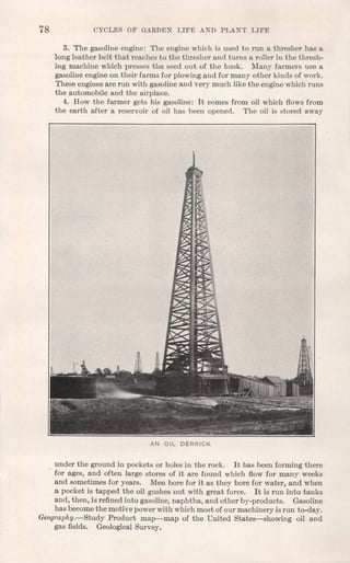 78 CYCLJ!lS OF GARDEN LIFE AND PLANT LIFE
3. The gasoline engine: The engine which is used to run a thresher has a
long leather belt that reaches to the thresher and turns a roller in the thresh-
.ing machine which presses the seed out of the husk. Many farmers use a
gasoline engine on their farms for plowing and for many other kinds of work.
These engines are run with gasoline and very much like the engine which runs
the automobile and the airplane.
4. How the farmer gets his gasoline: It comes from oil which flows from
the earth after a reservoir of oil has been opened. The oil is stored away
AN OIL DERRICK
under the ground in pockets or holes in the rock. It has been forming there
for ages, and often large stores of it are found which flow for many weeks
and sometimes for years. Men bore for it as they bore for water, and when
a pocket is tapped the oil gushes out with great force. It is run into tanks
and, then, is refined into gasoline, naphtha, and other by-products. Gasoline
has become the motive power with which most of our machinery is run to-day.
Geography.-Study Product map-map of the United States-showing oil and
gas fields. Geological Survey.
 