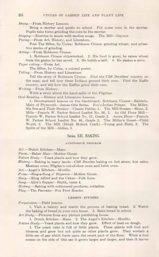 88 CYCLES OF GARDEN LIFE AND PLANT LIFE
Doing.-From History Lessons.
Bring a mortar and pestle to school. Put some corn in the mortar.
Pupils take turns grinding the corn in the mortar.
Singing.-Exercise in music with motion songs. The Mill-Gaynor.
Posing.-From Art, History, and Literature.
Pose The Sifter, by Colza; Robinson Crusoe grinding wheat; and primi-
tive modes of grinding.
Acting.-From Robinson Crusoe.
1. Robinson Crusoe shipwrecked. 2. His food is gone; he raises wheat
from the grains he has saved. 3. He builds a mill. 4. He makes a sieve.
Paper cutting.-From Art.
The Sifter, by COlza; a colored poster.
Telling.-From History and Literature.
Tell the story of Robinson Crusoe. Find the Cliff Dwellers' country on
the map, and tell how these Indians ground their corn. Find the Kaffir
country, and tell how the Kaffirs grind their corn.
Writing.-From History.
Write a story about the hand mills of the Pilgrims.
Oral Reading.-History and Literature Lessons.
1. Development lessons on the blackboard: Robinson Crusoe-Baldwin.
Mary of Plymouth-James Otis Series. Fox's Indian Primer. The Miller,
His Son and Their Donkey-Classic Fables, 1. The Mill Stream-Sloan, 2.
Mills-Francis W. Parker School Leaflet No. 36, 2. An Old Flour Mill-
Francis W. Parker School Leaflet No. 37, Grade 2. Acorn Flour-Francis
W. Parker School Leaflet No. 46, Grade 2. The Miller's Guest-Child
World, 3. The Mill (Dinah Mulock Craik)-Young and Field, 3. The
Sprite of the Mill-Aldine, 3.
Series XII. BAKING
AUDITORIUM PROGRAM
Art.-Dutch Kitchen-Maes.
Poem.-Baker Man-Mother Goose.
Nature Study.- Yeast plants and how they grow.
History.-Baking in many lands-Cliff Dweller baking on hot stone; hoe cake;
Mexican oven; Pilgrim's out-of-door oven and brick oven.
Art.-Angel's Kitchen-Murillo.
Pcem.-Sing-a-Song 0' Sixpence-Mother Goose.
Story.-King Alfred and the Cakes-Folk Lore.
Song.-Alice's Supper-Smith, verse 4.
History.-Baking with cottonseed products, cottaline.
Play.-The Pancake-Fox First Reader.
LESSON STUDIES
Preparation.- Field lessons.
1. Visit a bakery and watch the process of baking bread. 2. Watch
the baking of bread in your own home. 3. Bake bread in school.
ATt Study.-Pictures from any picture publishing house.
1. Dutch Kitchen-Maes. 2. The Angel's Kitchen-Murillo.
Nature Study.-Yeast plants and how they grow. Effect of heat on dough.
1. The yeast cake is full of little plants. These plants will bud and
blossom and grow but not quite as other plants grow. They contain a
little sac of gas which feeds upon the sweet part of the flour. When a bud
comes on the side of this sac it grows larger and larger, and then it leaves
 