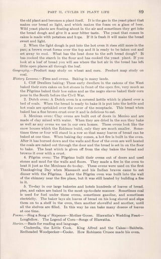 PART II. CYCLES IN PLANT LIFE 89
the old plant and becomes a plant itself. It. is the gas in the yeast plant that
makes our bread so light, and which makes the foam on a glass of beer.
Wild yeast plants are floating about in the air and sometimes they get into
the bread dough and give it a sour bitter taste. The yeast that comes in
cakes is made with potatoes and hops. If it is fresh it will make the bread
sweet and light.
2. When the light dough is put into the hot oven it rises still more in the
pan; a brown crust forms over the top and it is ready to be taken out and
set away to cool. What has the heat done to the soft bread dough? It
has cooked the starch in the flour and has cooked the yeast plant. If you
look at a loaf of bread you will see where the hot air i~ the bread has left
little open places all through the loaf.
Geography.-Product map study on wheat and corn. Product map study on
coal.
History Lessons.-Fires and ovens. Baking in many lands.
1. Cliff Dwellers baking: These early dwellers in the canons of the West
baked their corn cakes on hot stones in front of the open fire, very much as
the Pilgrims baked their hoe cakes and as the negro slaves baked their corn
pone in the South before the Civil War.
2. Dutch oven: A Dutch oven is a covered kettle which is placed over a
bed of coals. When the bread is ready to bake it is put into the kettle and
hot coals are sprinkled over the cover of the receptacle. This bread when
baked has a fine brown crust over it and is deliciousto eat.
3. Mexican oven: Clay ovens are built out of doors in Mexico and are
made of clay mixed with water. When they are dried in the sun they bake
as well as any ovens we use in our own homes. These ovens look like the
snow houses which the Eskimos build, only they are much smaller. Some-
times three or four will stand in a row so that many loaves of bread can be
baked at one time. When baking day comes, a hot fire is built in the oven.
After it has burned down and the walls and floor of the oven are well heated
the coals are raked out through the door and the bread is set in on the floor
to bake. The heat which is given off from the clay bakes the bread and
browns it over with a crust.
4. Pilgrim oven: The Pilgrims built their ovens out of doors and used
stones and mud for the walls and floors. They made a fire in the oven to
heat it just as the Mexicans do to-day. These ovens were used on the first
Thanksgiving Day when Massasoit and his Indian braves came to eat
dinner with the Pilgrims. Later the Pilgrim oven was built into the wall
of the chimney near the fire place, but it was still heated by building a fire
in it.
5. To-day in our large bakeries .and hotels hundreds of loaves of bread:
pies, and cakes are baked in the most up-to-date manner. Sometimes coal
is used for fuel under these ovens, sometimes gasoline, and sometimes
electricity. The baker lays six loaves of bread on his long shovel and slips
them on to a shelf in the oven, then another shovelful and another, until
all the shelves are filled. In this way he can bake many dozens of loaves
at one time.
Poems.-Sing a Song 0' Sixpence-Mother Goose. Hiawatha's Wedding Feast-
Longfellow. The Legend of Corn-Songs of Hiawatha.
Stories.-Basis for reading and language.
Cinderella, the Little Cook. King Alfred and the Cakes-Baldwin.
Redheaded Woodpecker-Cooke. How Robinson Crusoe made his oven.
 