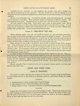 I'.
•
GARDEN j.[AN"UALTOll SOUTHWESTERN REGION. 15
A garden line is a. necessity, as most gardeners like straight rows, end a straight row
can only be obtained by use of a good line. The line should have It reel for winding, Il8 it so
Irequeufly becomes snarled and tangled if no suitable meUJ1Sare provided to keep it in the proper
condition.
Choose a hoe with great care. It should be strongly made and well balanced. It should
not be too heavy or too light. Many gardeners employ several hoes of different weights. The
hoe should be kept sharp. Sharpening may be done with a flat file as often as necessary.
All tools should be kept clean. Never allow rust to stay on your garden tools. When
tools are stored away coyer them with alight coating of Inrd to stop them from rusting. Rusted
tools may be cleaned by soaking them in kerosene for 10 or 12 hours and then rubbing them
briskly with n rough cloth. Occasional painting helps all tools.
Lesson 22: PREPARING THE SOIL.
Before planting garden crops the soil should be broken uJ) and pulverized thoroughly.
Just as earJy in the spring as possible your garden should he plowed or spaded. Do not work
the soil when it is wet, as thie will injure it. A good way to tell if the soil is dry enough to
work is Lapress SOIDe of it; in the hand for a moment or two and then let. it drop to the ground,
If the soil clod breaks on fulling to the ground, it is safe to work the soil.
Many gardens are too smell to be plowed; these should be spaded deeply with a spading
fork. Deep spading gives more air to the plant and 0. bertei- opportunity for its roots to develop.
After the soil is spaded the clods should be thoroughly broken up and the top soil smoothed
o:ffwith a rnko. Itis sometimes well to spade your garden two or three times. The finer the
soil particles are broken the better your plants will grow. Harrowing the garden with a. course
rake ,,,"illgreatly benefit the soil.
A liberal dressing of well-rotted stable manure should be worked into the soil. This sup-
'plies food for the plane, improves the physicaJ. condition of the soil, and helps to hold moisture
in dry seasons. If the soil is too acid, lime may be o.dded as this "sweetens" tho soil or neu-
tralizes the acid character. Apply about 1,000 pounds of lime to each ecre At this rate,
how much lime would be needed for 0. garden 20 by 40 feet ~ How much would it require for
your gnrd en ~
Always remember that it requires more cure to properly prepare garden soil than that
used for any other crop.
CROPS AND THEIR CARE.
Lesson 23: RADISHES.
The radish is a hardy crop and may be grown in the open ell winter along tho Gulf Coast,
In the northern section of tho South it is generally grown in cold frames during the wiI~_tel
months.
VA1UETIE5.
1. 'Iurnip-shnped or round: Scarlet Globe, Scm-let Turnip.
2. Olive-shaped or oval: French Brenldast, Early Scarlet,
3. Pinger-eheped or long: Long Scarlet Chartier, Long WhiteSpanisb. Icicle.
PLANTlNO.
• Prepare the soil carefully us soon es it is dry enough to work. Remove all clods und work
in a light dressing of stable manure or commercial fertilizer. Smooth the surface with a rake.
Sow the seed in drills from 12 to 15 inches apart (about four seeds to the inch is sufficient).
Cover an inch deep and firm the soil over the seeds.
 