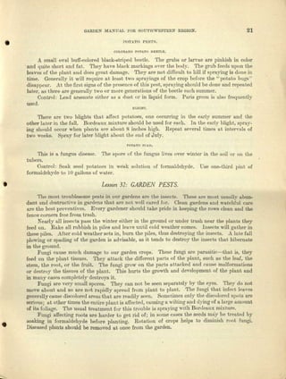 GARDEN MANUAL Fo.R SOUTHWESTERN REGION. 21
• POTATO PESTS.
lJOLOAAOO POTATO BEETLE.
A small oval buff-colored black-striped beetle. The grubs or larvae are pinkish in color
and quite short and fnt. They have black markings over the body. The grub feeds upon the
leaves of the plnnt and does great damage. They are not difficult to kill if spraying is done in
tdme. Generally it wilJ require ub least two spt-ayings of the crop before the "potato bugs"
disappear. At the first signs of the presence of this pest, spraying should be done and repeated
later, as there nrc generally two or more generations of the beetle enoh summer.
Control: Lead arsenate either ns a dust or in liquid form. Paris green is [lisa frequently
used.
BIJGB'I'.
'Ibere fire two blights that affect potatoes, one occurring in the early summer and the
other 1a,t81'in the Iell. Bordeaux mixture should be used for each. 1n tho early blight, spray-
ing should occur when plants are about 8 inches high. Repeat several times at intervals of
two weeks. Spray for later blight about the end of July.
POTATO SCAB.
This is a fungus disease. The spore or the fungus lives oval' winter in the soil or on the
tubers.
Control: Soak seed potatoes in weak solution of formaldehyde. Use one-third pint of
formaldehyde to 10 gallons of water .
• Lesson 32: GARDEN PESTS.
The most troublesome pests in om' gardens ure the insects. These nee most usually abun-
dant nod destructive in gardens ihn.t fire nee well cured for. Clean gardens and watchfu.l care
are the best preventives. Every gardener should take pride in keeping the rows cleau and the
fence comers free from trash.
Nearly all insects pass the winter either in the ground 01' under ta-nahnear the plants they
feed on. Rake nil rubbish in piles and leave until cold weather comes. Insects will gather in
these piles. After cold weather sets in, burn the piles, thus destroying tho insects. A lute fall
plowing or spading of the garden is advisable, 11S it tends to destroy the insects that liibemnte
in the ground.
Fungi cause much damage to our garden crops. These fungi are parnsitic-c-thab is, they
feed on the plant tissues. 'I'hey attack the different parts of the plant, such as the 103.f,the
stelll, the root, or the fruit. The Iungi grow on the purts attacked and cause mnllormaraona
or destroy tho tissues of tho plant. This hurts the growth lind development of the plant and
inmn.ny cases completely destroys it.
Fungi are very small spores, 'I'hey can Dot be seen separately by the eyes. 'I'hey do not
move about and so are not rapidly spread from plant to plant. 'The fungi that infect leaves
generally cause discolored areas tha.t nre readily seen. Sometimes only t.he discolored spots are
serious: fl.tat,hor times tho ont.ire plant is ll(fected, causing a wilting ~ld dying of a large amount
of its foliu.ge. 'fhe usual treatment for t.his trouble is spraying with Bordell.tL'Cmixture.
Fungi uJfectilig roots arc hludol' to got rid of; in some Citses the sm~dsmU;:vbe trentod by
soaking in formaldehytle before planting. Rotation of crops helps to diminjsh root fungi.
Diseased plants should be removed at onoo from the ga.rden.•
 