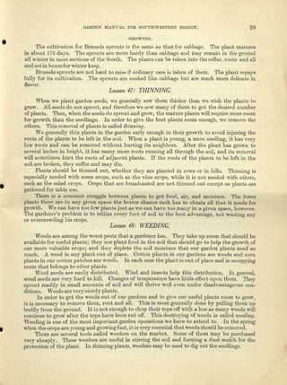 GARDEN .MA1'>'UAL FOR SOUTRW1::STERN REGION. 29
• GROWL!G' •
The cultivation for Brussels sprouts is the same as that<for cebbego. The plant matures
in about 175 days. The sprouts are more hardy than. cabbage and llliLy remain in the ground
ell winter in most sections of the South. The plants can be taken into the cellar, roots and all
and set in boxes for winter keep.
Brussels sprouts are not hard to raise if ordinary care is taken of them. The plant rcpays
fuJly for ita cultivation. The sprouts are cooked like cabbage but are much more delicate in
flavor.
Lesson 47: THINNING.
•
When we plant garden seeds, we generally sow them thicker than we wish the plants to
grow. All seeds do not sprout, And therefore we sow many of them to get the desired number
of plants. Then, when the seeds do sprout and grow, the mnture plants will require more room
for growth than the seedlings. In order to give the bost plants room enough, we remove tho
others. Tills removal of plenta is called {hinni1l.g.
We generally thin plants ill the garden early enough in their growth to avoid injuring the
roots of the plants to be left in the soil. When a plant is young, .0. mere seedling, it hea very
few roots and CAnbe removed without hurting its neighbors. Mter the plant has grown to
several inches in height, it has many more roots running all through the soil, and its removal
will sometimes hurt the roots of adjacent plants. If the roots of the plants to be left in the
soil are broken, they suffer and IIlliy die. .
Plante should be thinned. out, whether they are planted in rows or in hills. Th.inn.i.ugis
eepeoially needed with some orops, such as the vine crops, while it is not needed with ethers,
such as the salad crops. Crops that are broadcastcd are not thinned out except as plants are
gathered for table use.
There is a constant struggle between plants to get food, air, and moisture. The fewer
plants there ure in any given space the bettor chance eech has to obtain all that it needs for
growth. We eAU have too few plants just as we can have too meny in fI. given spaoe, however.
The gardener's problem is to utilize every foot of soil to the best advantage, not WAsting nny
or overcrowding his crops.
Lesson 48: WEEDING.
•
Weeds are among the worst pests that a gardener bas .. They take up room that should be
available for useful plraibs ; they use plant food in the soil that should go to help the growth of
our more valuable crops; and they deplete the soil moisture that our garden plants need so
much. A weed is any plilJ1t out of place. Cotton plants in Our gardena are woods and corn
plnnte in our cotton patches are weeds. Ineach case the plant is out of place and is occupying
room that belongs to other plants.
Weed seeds nre ensily dletributed. Wind and insects help this distribution. In general,
weed seeds are very hard to kill. Changes of temperature have little effect upon them, They
sprout readily in small amounts of soil and will thrive wo)l even under disadvantageous oon-
ditions. Weods.nre very sturdy plante.
In order to get the weeds out of our gardens and to give our useful plants room to grow,
it is necessary to remove them, root and all. This is most generally done by pulling them up
bodily from the ground. It is not enough to chop their tops off with ll. hoe ne many weeds will
continue to grow' after the tops have been cut ofT. This destroying of weeds is onlled weedVn[J.
Weeding is one of the most important garden operations we have to attend to. In the spring
when the crops are young and growing fast, it is very essential that weeds should be removed .
There Are several tools called weeders on the market. Some of them may be purohesed
very cheaply. These weeders .0.1'0 useful in stirring the soil and forming a dust mulch for the
protection of tho plant. In thinning plants, weeders mny be used to dig out the eeedlinge.
 
