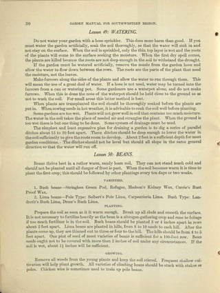 30 GARDEN MANUAL FOR SOUTHWESTERN REGTON.
Lesson 49: WATERING.
•Do not water your garden with a hose sprinkler. This does more harm than good. If you
must water the gurdon artificially, soak the soil thoroughly, so thnt the water will sink in and
not stay on the surface. When the soil is sprinkled, only the thin top layer is wet and the roots
of the plants will (lome to the surface seeking the moisture. When the first dry spell comes,
the plants are killed because the roots Me not deep enough in the soil to withstand the drought.
If the garden must be watered artificially, remove the nozzle from the garden hose and
allow the water to flow down between the rows. The roots are the parts of the plant tilat need
the moisture, not the leaves.
Mo.ke fun-owe along the sides of the plants and allow the water to run through them. This
will moan the use of It great deal of water. If fI. bose is not used, water may be turned into the
furrows from a can or watering pot. Some gardeners use It waterpoo alone, and do not make
furrow's. When this is done the nose of the wulerpot should be held close to the ground so iIS
not to wnsh the soil. For small areas this latter method is beat.
When plants are transplanted the soil should be thoroughly soaked before tho plaute are
put in. WhenSOvlng seeds in hot weather, it is advisable to soak the soil well before planting.
Some gardens are too wet. Plants will not grow well insoil thnt contains too much moisture.
The water in tho soil takes the place of needed nir and etreugles the plant. When the ground is
too wet there is but one thing to be done. Some system of drainage must be used.
The simplest and least expensive plan for draining a garden is to dig a series of parallel
ditches about 15 to 20 feet epert, Those ditches should be deep enough to lower the water in
tbe soil sufficientdy to give the roots room to develop. About 2 "feet Is !1eufflcienn depth for most
garden. conditions .. The ditches should not be level but should all slope in the same general
direction so that the water will run off.
Lesson 50: BEANS.
Beans thrive best in a rather warm, sandy lonm. soil. They can not stand much cold and
should not be planted until all danger of frost is past. When the soil becomes warm it is time to
plant the first crop; this should be followed by other plentlngs every ten days or two weeks.
VARr:f.:T[}~S.
1. Bush beans-c-Strlnglese Green Pod, Refugee, Hodson's Kidney Wax, Currie's Rust
ProofWllx.
2. Lima beans-Pole Type: Seibert's Pole Limn, Carpentiena Lima. Bush Type: Len-
dreth's Bush Limn, Dl'eCI~'S Bush Lima.
PLANTING.
Prepare the eoil as soon as it it warm enough. Break up all clods and smooth the surface.
It is not necessary to fertilize heavily as the bean is fl. nitrogen-gathering crop end runs to foliage
if too much fertilizer is in the soil. Bush berms should be planted 3 01' 4 inches npnr-t,in rows
about 2 feet apart. Lima beans 8.1'0 planted in hills, from 8 to 10 seeds to each hill, After the
plants come up, they &1'13 thinned out to three or four to the hill. The hills. should be from 4 to 5
feet upui-t. One pint of seed of most varieties of beans is sufficient for 0. 100-foot row. Been
seeds ought not to be covered with marc than 2 inches of soil under any circumstnucee. If the
soil is wet, about 1! inches will be sufficient.
GROWI:N(l. 'J
Remove all weeds from the young plants und keep the soil stirred. Fl'equent·slHI.l.low oul-
tivation will help plant growth. All varieties of climbing beans should be stuck with stakes or
poles. Chicken wire is sometimes used to train up pole bcnns.
 