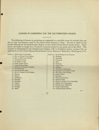 •
LESSONS IN GARDENING FOR THE SOUTHWESTERN REGION.
The following 40 lessons in gardening are suggested as a suitable course for schools that can
devote only two lessons a week to the subject from January to June. 'Iue list is based on the
Garden Manual for the Southwestern Region of the United States Scbool Garden Army. EfLCh
lesson can easily be taught in a 15-minute recitation period in any grade above the third. The
Lessons in Gardening for the Southwestern Region will he furnished garden teachers free on
npplicetion to the United States School Garden Army, Bureau of Education, weshingtou, D. C.
•
Le$!!OU 1. Pil'llt Catch Your Rabbit.
2. How to Choose Your Garden.
3. How to Plan Your Garde:n.
4. Companion Crops.
5. Succeealcn Crops.
6. Smull Gaedan Plana.
7. Large Ga.rden Plans.
8. Selection of Orope for Glll'den.
9. 'Phe Seed List.
10. Buying Garden Seed.
11. How to Prepura Your Garden.
12. Humus.
13. MllJlure.
14. Fertili.ze.rll.
15. Mulchee.
16. lladish8ll.
17. (Iuiona
IS. Lettuce.
19. Tumipe.
20. Beam.
Lesson 21. Seed TellUUIl'in the Schools.
22. Weeding.
23. Thinni..ug:
24. Tomatoes.
25. POO8.
26. PotatoC3.
27. Sweet com.
28. Cabbage.
29. AU Season Culli veucn.
30. Rotating Your Garden Orope.
31. The Cue of the Garden.
32.Gnrden P~.
85. Spmying.
34. Kcrceeue Emulaion.
85. Cabbage Peete.
S6. When to Gnther Your Vegetabletl.
37. Selling Your Vegetablell.
38. Storing Your Vegetables.
59. Typell of Marketing.
40. Jodging nome Gardens.
47
o

•
 