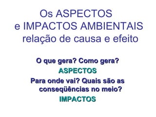 Os ASPECTOS
e IMPACTOS AMBIENTAIS
relação de causa e efeito
O que gera? Como gera?O que gera? Como gera?
ASPECTOSASPECTOS
Para onde vai? Quais são asPara onde vai? Quais são as
conseqüências noconseqüências no meio?meio?
IMPACTOSIMPACTOS
 