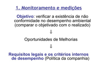 1. Monitoramento e medições
Objetivo: verificar a existência de não
conformidade no desempenho ambiental
(comparar o objetivado com o realizado)
⇓
Oportunidades de Melhorias
⇓
Requisitos legais e os critérios internos
de desempenho (Política da companhia)
 