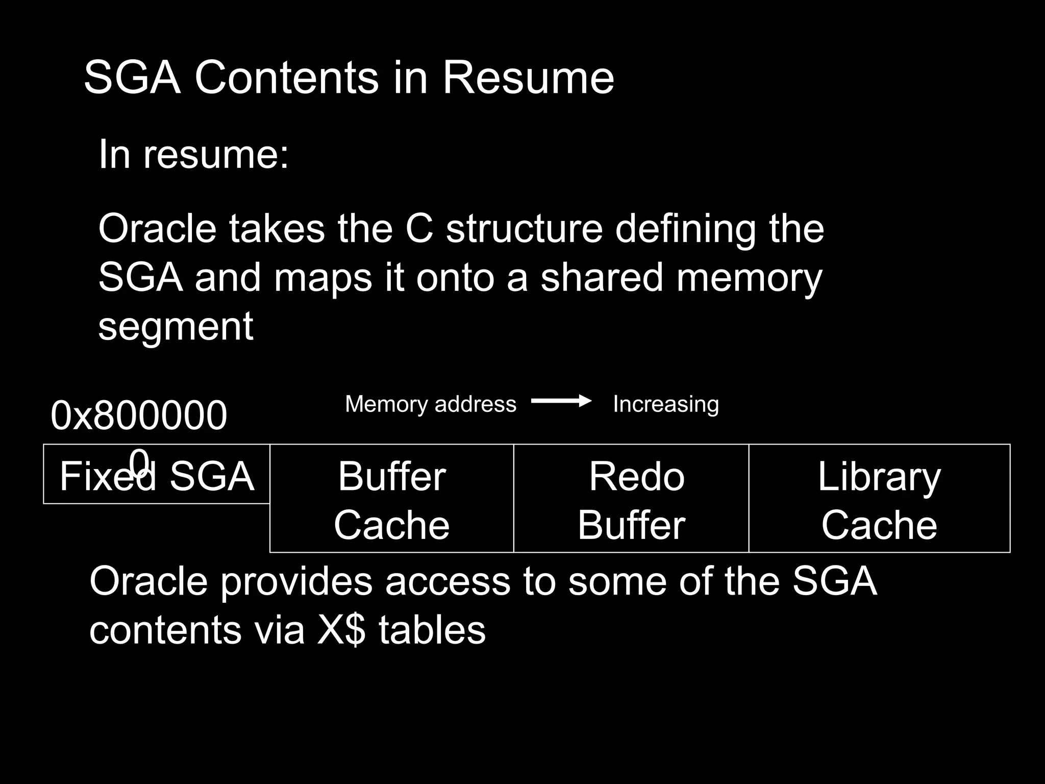 SGA Contents in Resume
  In resume:
  Oracle takes the C structure defining the
  SGA and maps it onto a shared memory
  segment
               Memory address   Increasing
0x800000
    0
Fixed SGA      Buffer       Redo        Library
               Cache       Buffer       Cache
 Oracle provides access to some of the SGA
 contents via X$ tables
 