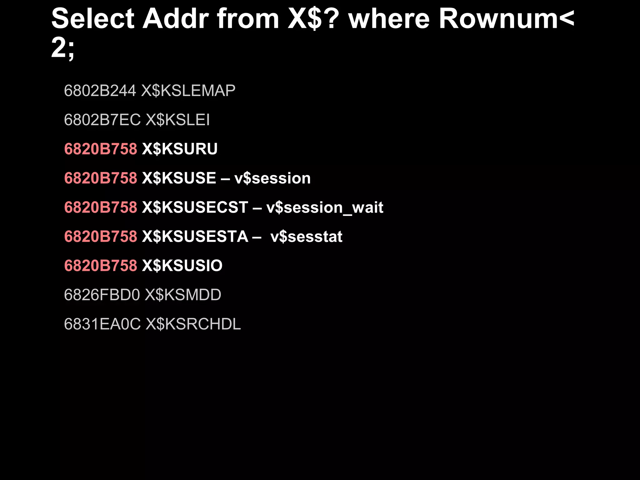 Select Addr from X$? where Rownum<
2;
6802B244 X$KSLEMAP
6802B7EC X$KSLEI
6820B758 X$KSURU
6820B758 X$KSUSE – v$session
6820B758 X$KSUSECST – v$session_wait
6820B758 X$KSUSESTA – v$sesstat
6820B758 X$KSUSIO
6826FBD0 X$KSMDD
6831EA0C X$KSRCHDL
 