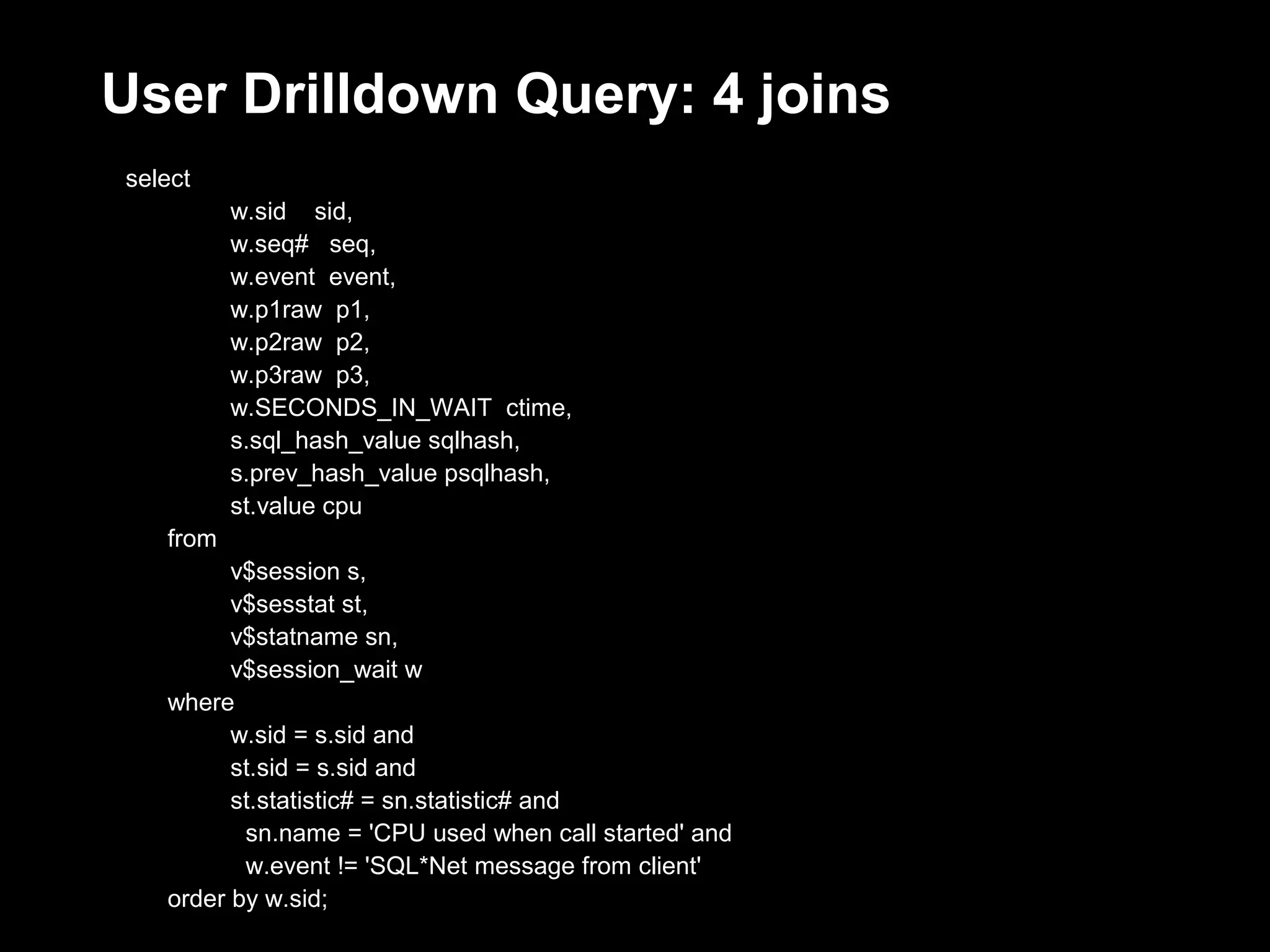 User Drilldown Query: 4 joins
select
          w.sid sid,
          w.seq# seq,
          w.event event,
          w.p1raw p1,
          w.p2raw p2,
          w.p3raw p3,
          w.SECONDS_IN_WAIT ctime,
          s.sql_hash_value sqlhash,
          s.prev_hash_value psqlhash,
          st.value cpu
   from
         v$session s,
         v$sesstat st,
         v$statname sn,
         v$session_wait w
   where
         w.sid = s.sid and
         st.sid = s.sid and
         st.statistic# = sn.statistic# and
          sn.name = 'CPU used when call started' and
          w.event != 'SQL*Net message from client'
   order by w.sid;
 