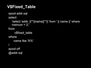 V$Fixed_Table
spool addr.sql
select
   'select 'addr, ||''''||name||''''||' from ' || name ||' where
   rownum < 2;'
from
      v$fixed_table
where
     name like 'X%'
/
spool off
@addr.sql
 