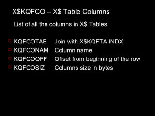 X$KQFCO – X$ Table Columns
    List of all the columns in X$ Tables

   KQFCOTAB       Join with X$KQFTA.INDX
   KQFCONAM       Column name
   KQFCOOFF       Offset from beginning of the row
   KQFCOSIZ       Columns size in bytes
 