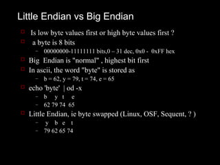 Little Endian vs Big Endian
 Is low byte values first or high byte values first ?
 a byte is 8 bits
     –   00000000-11111111 bits,0 – 31 dec, 0x0 - 0xFF hex
 Big Endian is "normal" , highest bit first
 In ascii, the word "byte" is stored as
     –   b = 62, y = 79, t = 74, e = 65
 echo 'byte' | od -x
     –   b y t e
     –   62 79 74 65
 Little Endian, ie byte swapped (Linux, OSF, Sequent, ? )
     –    y b e t
     –   79 62 65 74
 