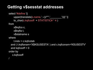 Getting v$sesstat addresses
select '#define '||
    upper(translate(s.name,' :-()/*''','________'))||' '||
    to_char(c.kqfcooff + STATISTIC# * 4 )
from
    x$kqfco c,
    x$kqfta t,
    v$statname s
where
    t.indx = c.kqfcotab
  and ( t.kqftanam='X$KSUSESTA' ) and c.kqfconam='KSUSESTV'
  and kqfcooff > 0
order by
   c.kqfcooff
/
 