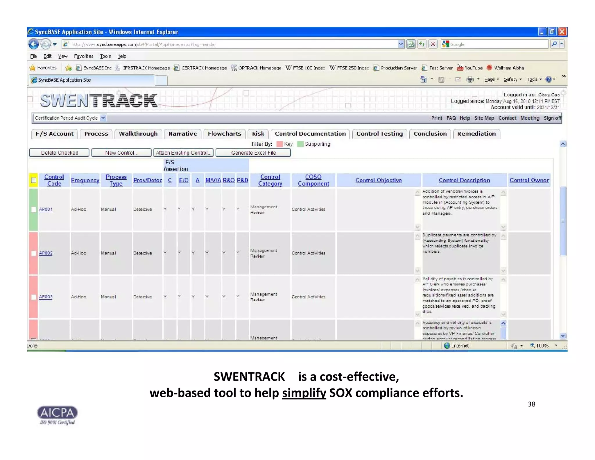 SWENTRACK is a cost‐effective, 
web‐based tool to help simplify SOX compliance efforts.
                                                          38
 