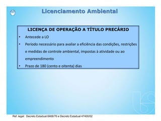 LICENÇA DE OPERAÇÃO A TÍTULO PRECÁRIO
• Antecede a LO
• Período necessário para avaliar a eficiência das condições, restrições
e medidas de controle ambiental, impostas à atividade ou ao
empreendimento
• Prazo de 180 (cento e oitenta) dias
Licenciamento Ambiental
Ref. legal: Decreto Estadual 8468/76 e Decreto Estadual 47400/02
 