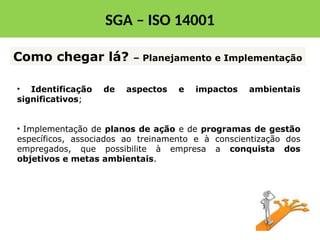 SGA – ISO 14001
• Identificação de aspectos e impactos ambientais
significativos;
• Implementação de planos de ação e de programas de gestão
específicos, associados ao treinamento e à conscientização dos
empregados, que possibilite à empresa a conquista dos
objetivos e metas ambientais.
Como chegar lá? – Planejamento e Implementação
SGA – ISO 14001
 