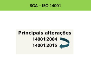 Principais alterações
14001:2004
14001:2015
SGA – ISO 14001
 
