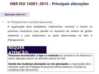Operação (item 8 )
• 8.1 Planejamento e controle operacionais
A organização deve estabelecer, implementar, controlar e manter os
processos necessários para atender os requisitos do sistema de gestão
ambiental, e para implementar as ações determinadas no item 6
(Planejamento).
Processos terceirizados: o tipo e a extensão do controle ou da influencia a
serem aplicados devem ser definidos dentro do SGA
Gestão das mudanças planejadas ou não planejadas: a organização deve
antecipar ações de mitigação de possíveis efeitos adversos e analisar as
mudanças não intencionais
REQUER
ATENÇÃO!
NBR ISO 14001: 2015 - Principais alterações
 