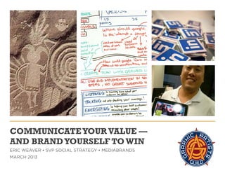 COMMUNICATE YOUR VALUE —
AND BRAND YOURSELF TO WIN
ERIC WEAVER • SVP SOCIAL STRATEGY • MEDIABRANDS
MARCH 2013
 