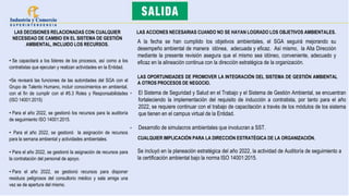 LAS DECISIONES RELACIONADAS CON CUALQUIER
NECESIDAD DE CAMBIO EN EL SISTEMA DE GESTIÓN
AMBIENTAL, INCLUIDO LOS RECURSOS.
• Se capacitará a los lideres de los procesos, así como a los
contratistas que ejecutan y realizan actividades en la Entidad.
•Se revisará las funciones de las autoridades del SGA con el
Grupo de Talento Humano, incluir conocimientos en ambiental,
con el fin de cumplir con el #5.3 Roles y Responsabilidades
(ISO 14001:2015)
• Para el año 2022, se gestionó los recursos para la auditoría
de seguimiento ISO 14001:2015.
• Para el año 2022, se gestionó la asignación de recursos
para la semana ambiental y actividades ambientales.
• Para el año 2022, se gestionó la asignación de recursos para
la contratación del personal de apoyo.
• Para el año 2022, se gestionó recursos para disponer
residuos peligrosos del consultorio médico y sala amiga una
vez se de apertura del mismo.
LAS ACCIONES NECESARIAS CUANDO NO SE HAYAN LOGRADO LOS OBJETIVOS AMBIENTALES.
A la fecha se han cumplido los objetivos ambientales, el SGA seguirá mejorando su
desempeño ambiental de manera idónea, adecuada y eficaz. Así mismo, la Alta Dirección
mediante la presente revisión asegura que el mismo sea idóneo, conveniente, adecuado y
eficaz en la alineación continua con la dirección estratégica de la organización.
LAS OPORTUNIDADES DE PROMOVER LA INTEGRACIÓN DEL SISTEMA DE GESTIÓN AMBIENTAL
A OTROS PROCESOS DE NEGOCIO.
- El Sistema de Seguridad y Salud en el Trabajo y el Sistema de Gestión Ambiental, se encuentran
fortaleciendo la implementación del requisito de inducción a contratista, por tanto para el año
2022, se requiere continuar con el trabajo de capacitación a través de los módulos de los sistema
que tienen en el campus virtual de la Entidad.
- Desarrollo de simulacros ambientales que involucran a SST.
CUALQUIER IMPLICACIÓN PARA LA DIRECCIÓN ESTRATÉGICA DE LA ORGANIZACIÓN.
Se incluyó en la planeación estratégica del año 2022, la actividad de Auditoría de seguimiento a
la certificación ambiental bajo la norma ISO 14001:2015.
 