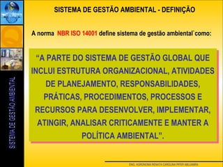 ENG. AGRONOMA RENATA CAROLINA PIFER ABUJAMRA
A norma NBR ISO 14001 define sistema de gestão ambiental`como:
SISTEMA DE GESTÃO AMBIENTAL - DEFINIÇÃO
“A PARTE DO SISTEMA DE GESTÃO GLOBAL QUE
INCLUI ESTRUTURA ORGANIZACIONAL, ATIVIDADES
DE PLANEJAMENTO, RESPONSABILIDADES,
PRÁTICAS, PROCEDIMENTOS, PROCESSOS E
RECURSOS PARA DESENVOLVER, IMPLEMENTAR,
ATINGIR, ANALISAR CRITICAMENTE E MANTER A
POLÍTICA AMBIENTAL”.
“A PARTE DO SISTEMA DE GESTÃO GLOBAL QUE
INCLUI ESTRUTURA ORGANIZACIONAL, ATIVIDADES
DE PLANEJAMENTO, RESPONSABILIDADES,
PRÁTICAS, PROCEDIMENTOS, PROCESSOS E
RECURSOS PARA DESENVOLVER, IMPLEMENTAR,
ATINGIR, ANALISAR CRITICAMENTE E MANTER A
POLÍTICA AMBIENTAL”.
 