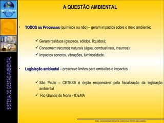 ENG. AGRONOMA RENATA CAROLINA PIFER ABUJAMRA
• TODOS os ProcessosTODOS os Processos ((químicos ou não) – geram impactos sobre o meio ambiente::
 Geram resíduos (gasosos, sólidos, líquidos);
 Consomem recursos naturais (água, combustíveis, insumos);
 Impactos sonoros, vibrações, luminosidade.
• Legislação ambientalLegislação ambiental – prescreve limites para emissões e impactos
 São Paulo – CETESB é órgão responsável pela fiscalização da legislação
ambiental
 Rio Grande do Norte - IDEMA
A QUESTÃO AMBIENTAL
 