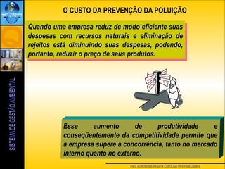 ENG. AGRONOMA RENATA CAROLINA PIFER ABUJAMRA
O CUSTO DA PREVENÇÃO DA POLUIÇÃO
Quando uma empresa reduz de modo eficiente suas
despesas com recursos naturais e eliminação de
rejeitos está diminuindo suas despesas, podendo,
portanto, reduzir o preço de seus produtos.
Quando uma empresa reduz de modo eficiente suas
despesas com recursos naturais e eliminação de
rejeitos está diminuindo suas despesas, podendo,
portanto, reduzir o preço de seus produtos.
Esse aumento de produtividade e
conseqüentemente da competitividade permite que
a empresa supere a concorrência, tanto no mercado
interno quanto no externo.
 