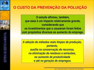 ENG. AGRONOMA RENATA CAROLINA PIFER ABUJAMRA
A adoção de métodos mais limpos de produção,
portanto,
auxilia na conservação de recursos,
na eliminação de resíduos e emissões,
no aumento de produtividade
e até na geração de empregos.
O CUSTO DA PREVENÇÃO DA POLUIÇÃO
O estudo afirmou, também,
que esse é um impacto relativamente grande,
considerando que
os investimentos que o causaram foram feitos
com propósitos diversos ao aumento do emprego.
 