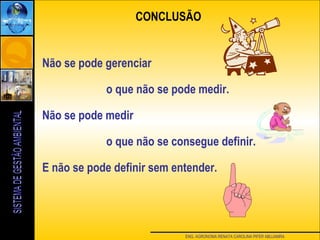 ENG. AGRONOMA RENATA CAROLINA PIFER ABUJAMRA
Não se pode gerenciar
o que não se pode medir.
Não se pode medir
o que não se consegue definir.
E não se pode definir sem entender.
CONCLUSÃO
 
