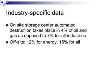 Industry-specific data
 On site storage center automated
destruction takes place in 4% of oil and
gas as opposed to 7% for all industries
 Off-site: 12% for energy, 15% for all
 