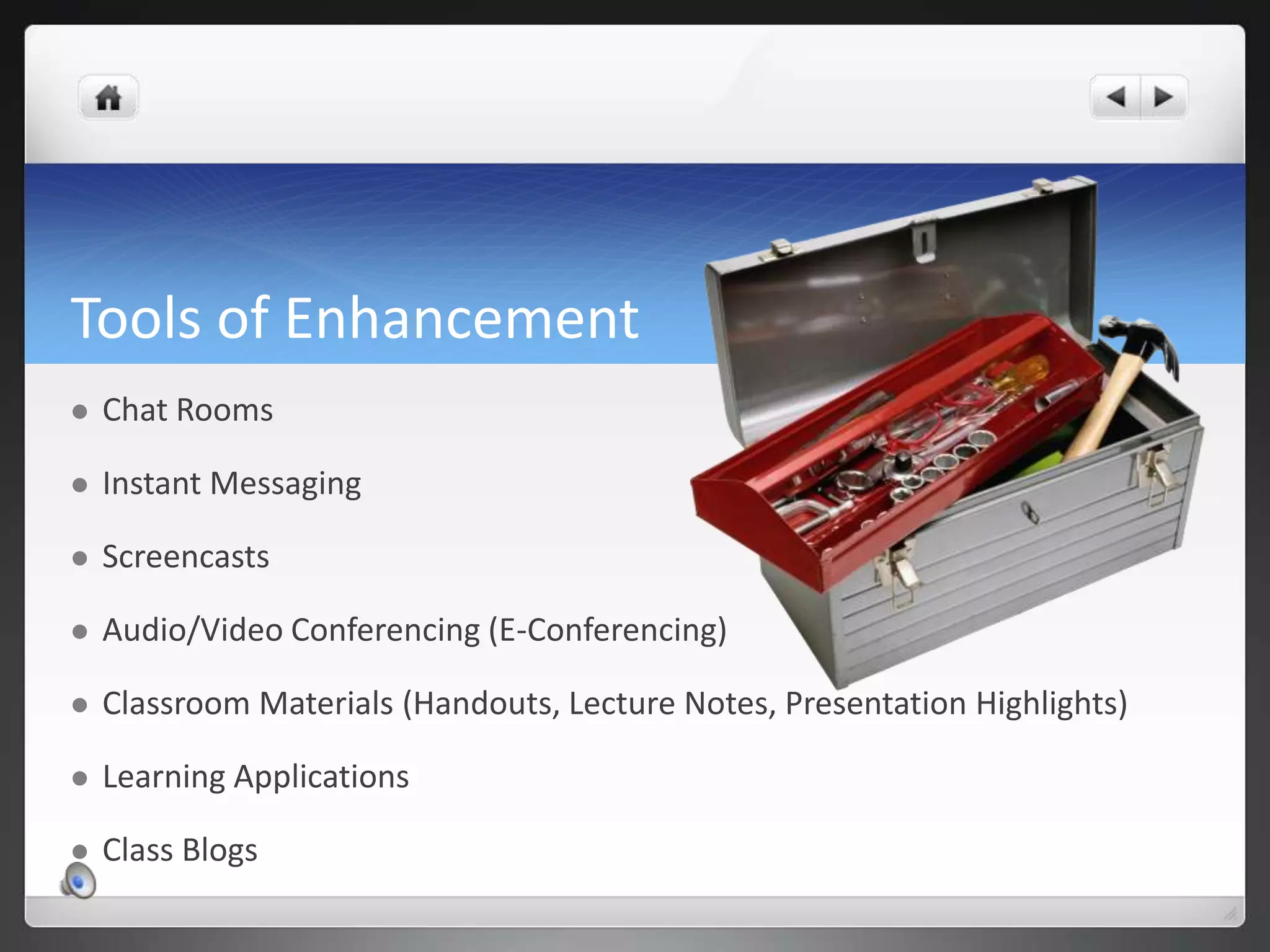 Tools of EnhancementChat RoomsInstant MessagingScreencastsAudio/Video Conferencing (E-Conferencing)Classroom Materials (Handouts, Lecture Notes, Presentation Highlights)Learning ApplicationsClass Blogs