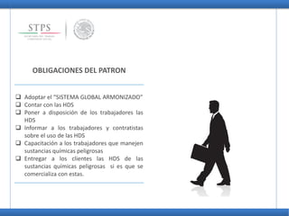 OBLIGACIONES DEL PATRON
 Adoptar el “SISTEMA GLOBAL ARMONIZADO”
 Contar con las HDS
 Poner a disposición de los trabajadores las
HDS
 Informar a los trabajadores y contratistas
sobre el uso de las HDS
 Capacitación a los trabajadores que manejen
sustancias químicas peligrosas
 Entregar a los clientes las HDS de las
sustancias químicas peligrosas si es que se
comercializa con estas.
 