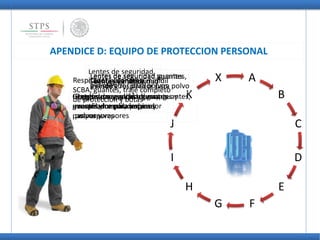 APENDICE D: EQUIPO DE PROTECCION PERSONAL
A
B
C
D
E
FG
H
I
J
K
XLentes de seguridad
Lentes de seguridad y
guantes
Lentes de seguridad,
Guantes y mandilCareta guantes y mandil
Lentes de seguridad guantes
y respirador para polvos
Lentes de seguridad, guantes,
mandil y respirador para polvo
Lentes de seguridad, guantes
y respirador para vapores
Goggles para salpicaduras,
guantes, mandil, respirador
para vapores
Lentes de seguridad, guantes y
respirador para polvos y
vapores
Goggles para salpicaduras, guantes,
mandil y respirador para
polvos y vapores
Respirador autónomo,
SCBA, guantes, traje completo
de protección y botas
 