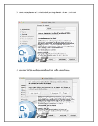 3. Ahora aceptamos el contrato de licencia y damos clic en continuar.
4. Aceptamos las condiciones del contrato y clic en continuar.
 