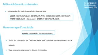  Interrogation des contraintes définies dans une table
Méta-schémaet contraintes
SELECT CONSTRAINT_NAME, CONSTRAINT_TYPE, STATUS FROM USER_CONSTRAINTS
WHERE TABLE_NAME= <table_name> ORDER BY CONSTRAINT_NAME;
Renommage d’une table
RENAME <ancienNom> TO <nouveaunom>;
 Toutes les contraintes de l’ancienne table sont reportées automatiquement sur la
nouvelle
 Vues, synonymes et procédures doivent être recrées
Le Langage de
Définition des
Données (LDD)
 