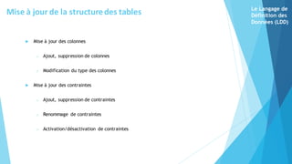  Mise à jour des colonnes
o Ajout, suppression de colonnes
o Modification du type des colonnes
 Mise à jour des contraintes
o Ajout, suppression de contraintes
o Renommage de contraintes
o Activation/désactivation de contraintes
Mise à jour de la structuredes tables Le Langage de
Définition des
Données (LDD)
 