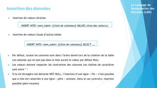  Insertion de valeurs directes
 Insertion de valeurs issues d’autres tables
INSERT INTO <nom_table> [(liste de colonnes)] VALUES (liste des valeurs);
INSERT INTO <nom_table> [(liste de colonnes)] SELECT …;
Le Langage de
Manipulation des
Données (LMD)
Insertion des données
 Par défaut, toutes les colonnes sont dans l’ordre donné lors de la création de la table
Les colonnes qui ne sont pas dans la liste auront la valeur par défaut NULL
 Les valeurs doivent respecter les contraintes des colonnes Les chaînes de caractères
sont entre ‘ ‘
 Si la clé étrangère est déclarée NOT NULL, l’insertion d’une ligne « fils » n’est possible
que si elle est rattachée à une ligne « père » existant. Dans le cas contraire, insertion
possible (père inconnu)
 