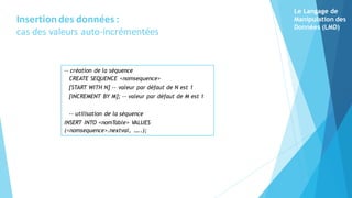 Le Langage de
Manipulation des
Données (LMD)
Insertion des données :
cas des valeurs auto-incrémentées
-- création de la séquence
CREATE SEQUENCE <nomsequence>
[START WITH N] -- valeur par défaut de N est 1
[INCREMENT BY M]; -- valeur par défaut de M est 1
-- utilisation de la séquence
INSERT INTO <nomTable> VALUES
(<nomsequence>.nextval, …..);
 