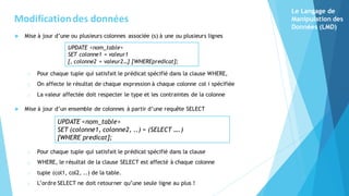  Mise à jour d’une ou plusieurs colonnes associée (s) à une ou plusieurs lignes
Le Langage de
Manipulation des
Données (LMD)
Modificationdes données
o Pour chaque tuple qui satisfait le prédicat spécifié dans la clause WHERE,
o On affecte le résultat de chaque expression à chaque colonne col i spécifiée
o La valeur affectée doit respecter le type et les contraintes de la colonne
UPDATE <nom_table>
SET colonne1 = valeur1
[, colonne2 = valeur2…] [WHEREpredicat];
 Mise à jour d’un ensemble de colonnes à partir d’une requête SELECT
UPDATE <nom_table>
SET (colonne1, colonne2, ..) = (SELECT ….)
[WHERE predicat];
o Pour chaque tuple qui satisfait le prédicat spécifié dans la clause
o WHERE, le résultat de la clause SELECT est affecté à chaque colonne
o tuple (col1, col2, ..) de la table.
o L’ordre SELECT ne doit retourner qu’une seule ligne au plus !
 
